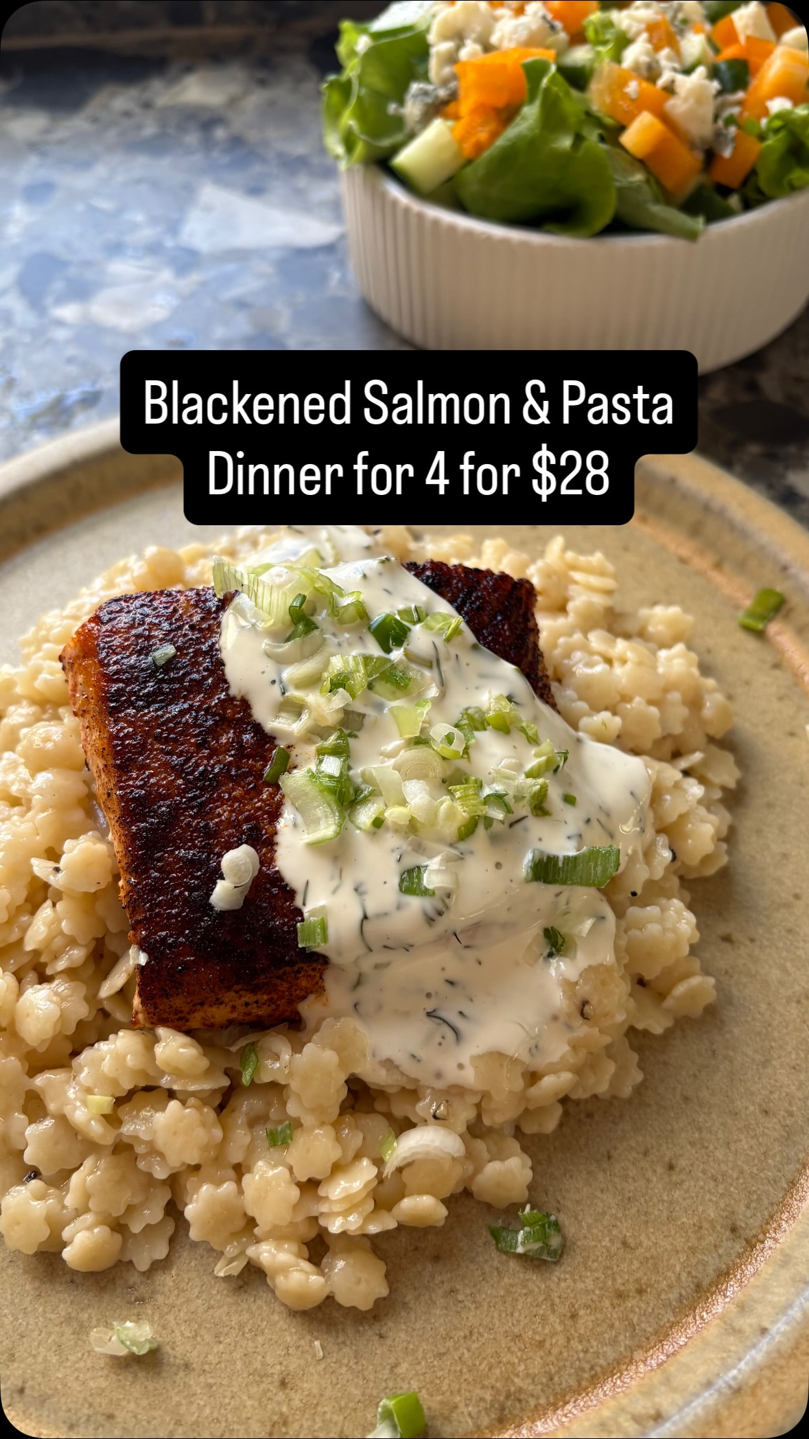 This easy, healthy and simple dinner is a weeknight staple in our home. - Blackened Salmon and Pastina - a 3 ingredient creamy Italian pasta dish. Simple side salad and we met all the food groups 😂. Price and where I got each ingredient below! What should I make next?
Salmon - $12.49 lb Costco
Pastina - star shaped pasta $.99 Tom Thumb
Chicken broth - homemade
Parmesan - $19.99lb Costco
Salad - Lettuce, cucumbers, peppers and feta - $3.49lb Costco
Seasonings - HEB 
#easyweeknightdinner #cheapeats #familydinner #cookingathome #dinnerreinvented