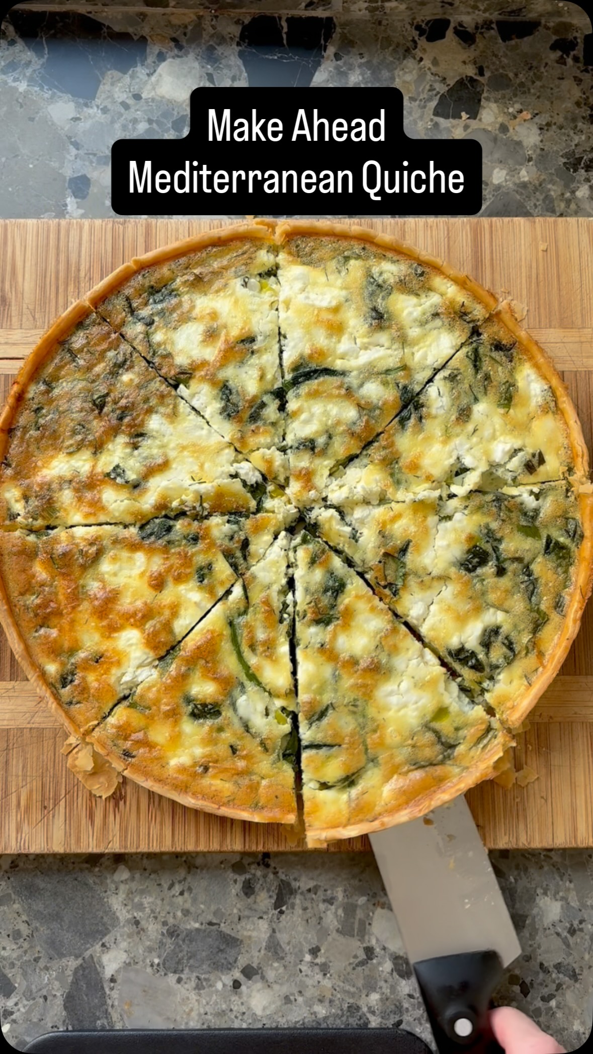 Preheat oven to 350 degrees. Use a springform pan if you have one and place the prepared pie crust inside. Press gently until the crush is half an inch up the sides, then use a fork to prick the dough. Refrigerate until ready to use. In a blender, combine eggs, cream, cottage cheese and generous pinch of salt and pepper. Blend until combine. Saute the spinach and leeks, add them to the blender with the herbs and half of the feta cheese. Pulse until combined. Pour the mixture into the pie crust and top with remaining feta. Cover with foil and bake for 30 to 40 minutes then uncover and bake again for about 10 minutes until lightly browned. Allowed to cool slightly before cutting into eight pieces. #makeaheadmeals #mealprep #quiche #highproteinbreakfast #dinnerreinvented