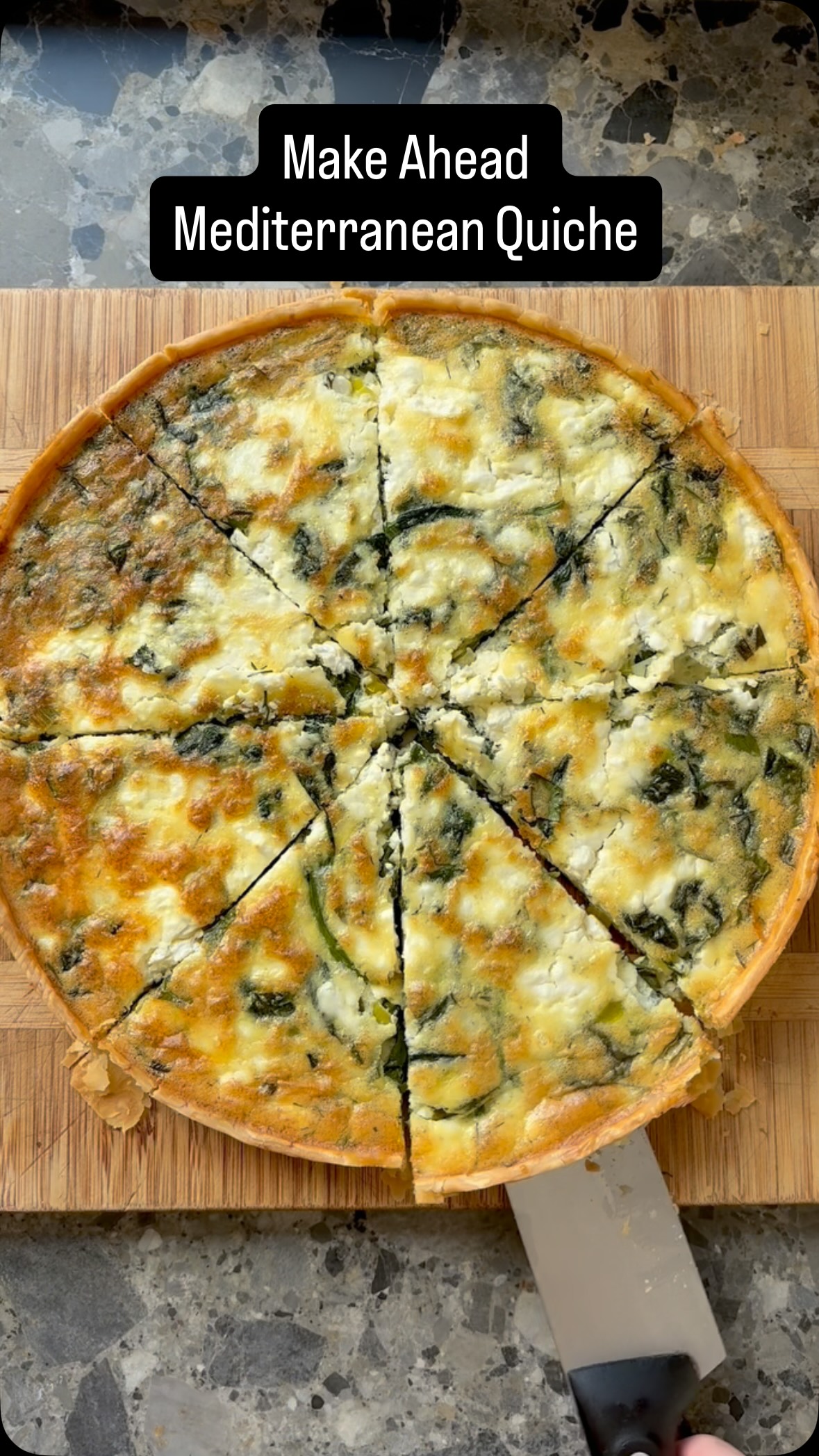 Sometimes weekends don’t actually feel like a day off - by the time you finish cooking breakfast and cleaning up, it’s time to make lunch! If you’re tired of being a short order cook, try this make ahead breakfast instead. Recipe is below, I use my blender to make it come together quickly. Get your weekend back!

Mediterranean Quiche
8 eggs
1 cup cottage cheese
1/2 cup heavy cream
1 cup sheep’s milk feta cheese
4 cups fresh spinach (or 1/2 cup frozen spinach, thawed and liquid pressed out)
1/4 cups fresh leeks )tender white and light green parts only)
1 tbsp fresh chopped dill
1 tbsp fresh chopped basil
1 tbsp fresh chopped scallions
Generous pinch of salt and pepper
1 prepared pie crust, thawed but kept in the refrigerator

Preheat oven to 350 degrees. Use a springform pan if you have one and place the prepared pie crust inside. Press gently until the crush is half an inch up the sides, then use a fork to prick the dough. Refrigerate until ready to use. In a blender, combine eggs, cream, cottage cheese and generous pinch of salt and pepper. Blend until combine. Saute the spinach and leeks, add them to the blender with the herbs and half of the feta cheese. Pulse until combined. Pour the mixture into the pie crust and top with remaining feta. Cover with foil and bake for 30 to 40 minutes then uncover and bake again for about 10 minutes until lightly browned. Allowed to cool slightly before cutting into eight pieces. 
#quicherecipe #makeaheadbreakfast #mealprep #highproteinbreakfast #dinnerreinvented